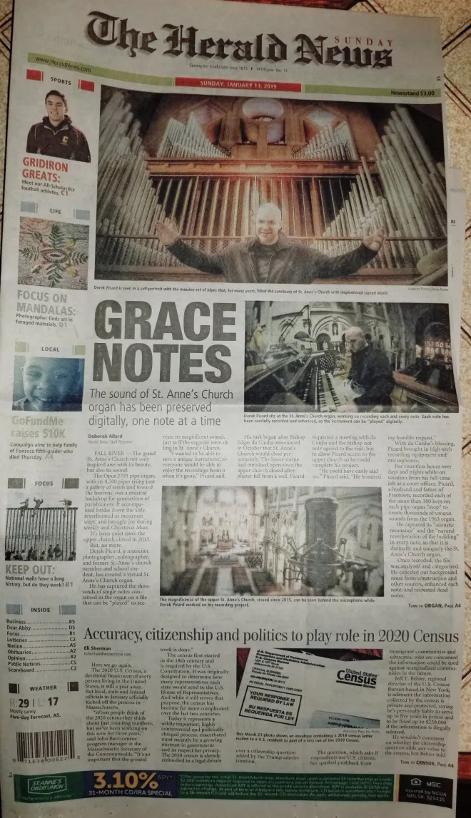 Fall River Herald News front page featuring the Saint Anne's organ preservation project